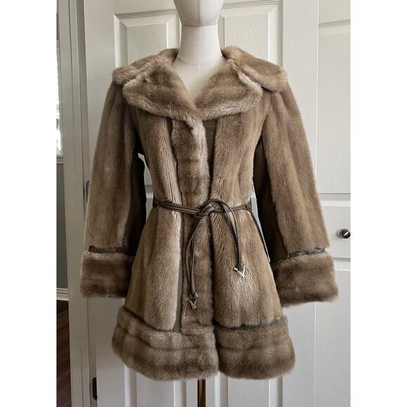 Trench Jackets & Blazers - Vintage 1960’s Faux Fur Leather Penny Lane Belted Trench Coat Sz Small